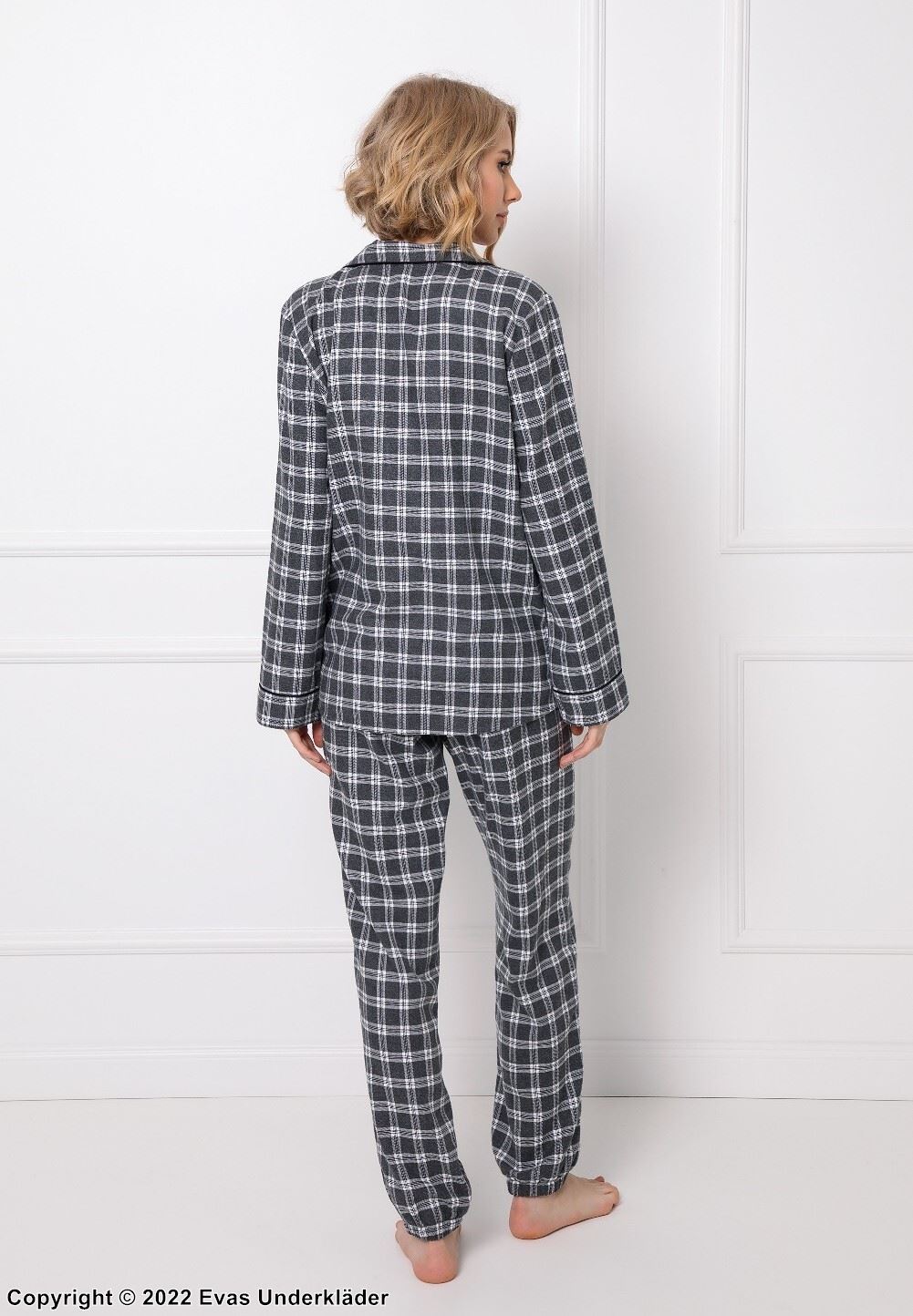 Pyjamas med top och byxa, långa ärmar, ficka och rosett, rutmönster